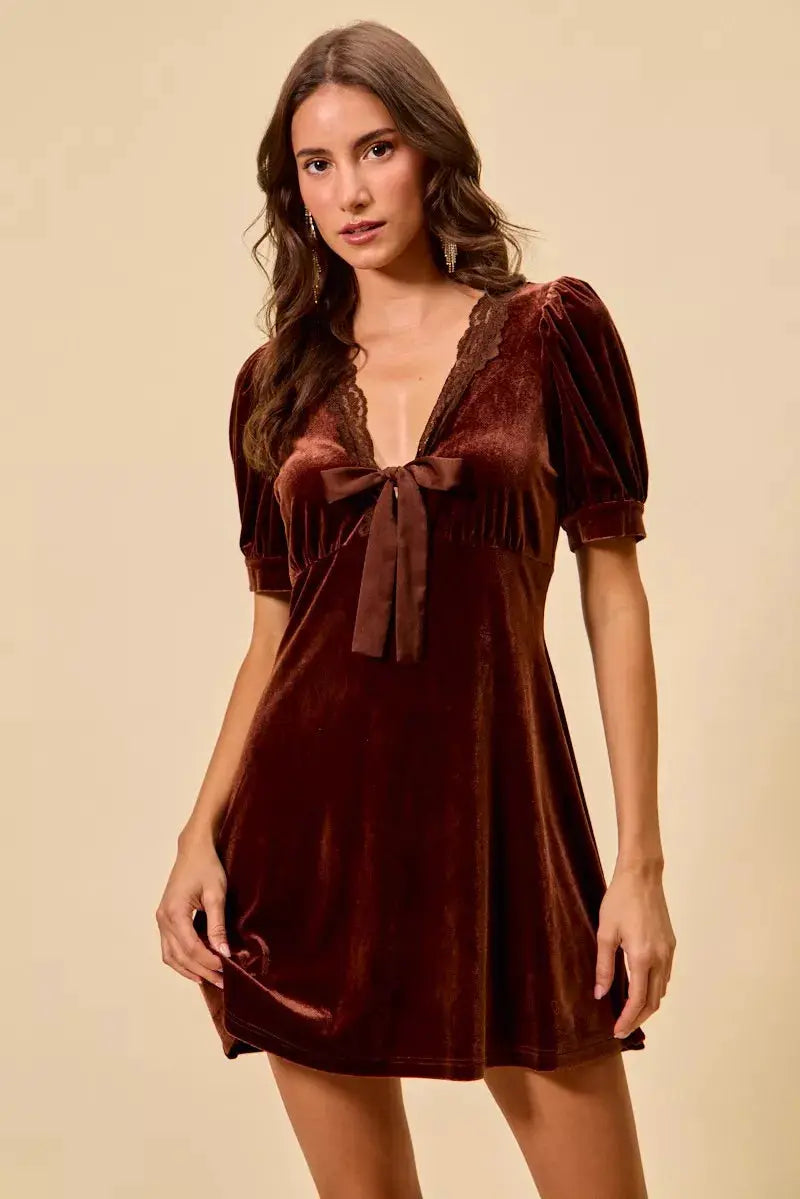 SO ME Velvet Short Sleeves Mini Dress by Trendsi