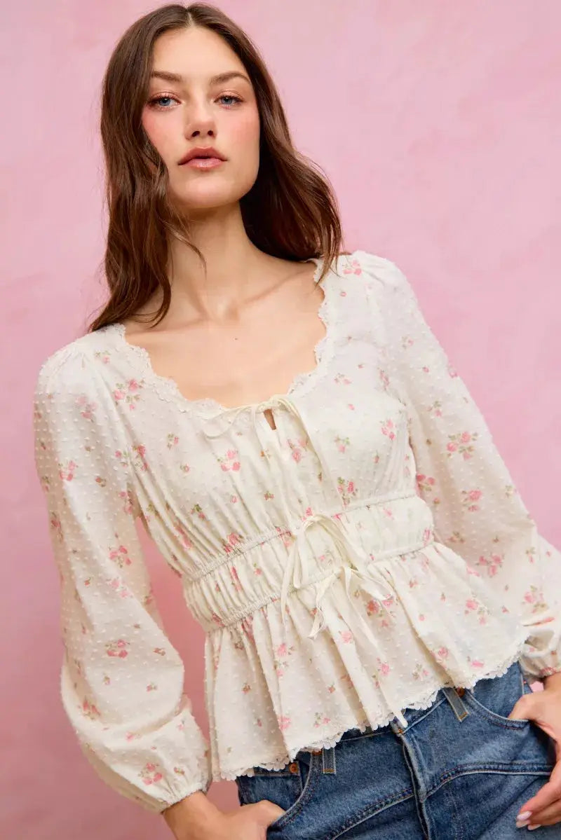SO ME Floral Clip Dot Lace Trim Ruched Bodice Blouse by Trendsi