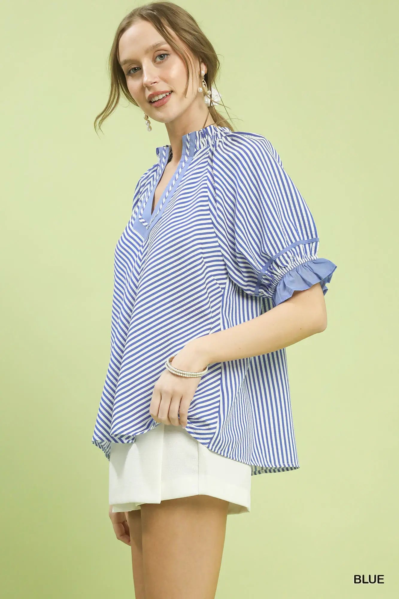 Stripe Ruffle Sleeve Split-Neck Blouse | Umgee by Trendsi