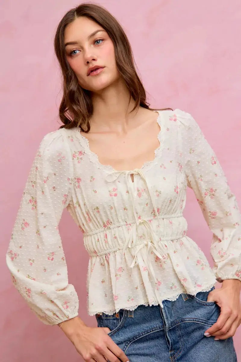 SO ME Floral Clip Dot Lace Trim Ruched Bodice Blouse by Trendsi