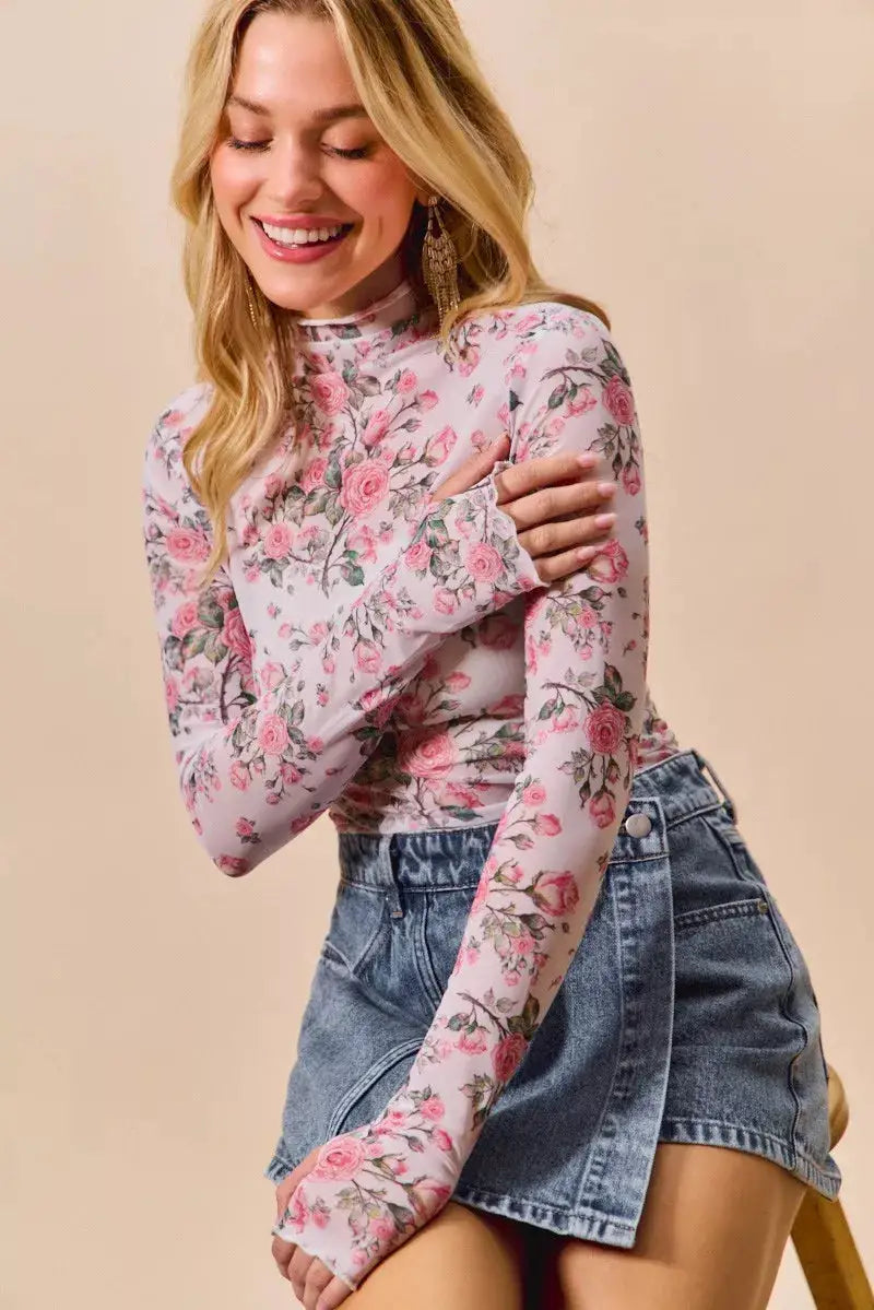 SO ME Floral Rose Print Mesh Sheer Layering Top by Trendsi