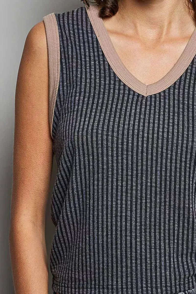 POL V-Neck Contrast Ribbed Sleeveless Tank by Trendsi