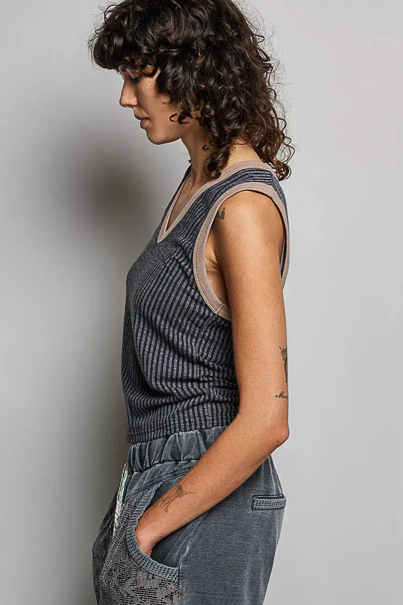 POL V-Neck Contrast Ribbed Sleeveless Tank by Trendsi