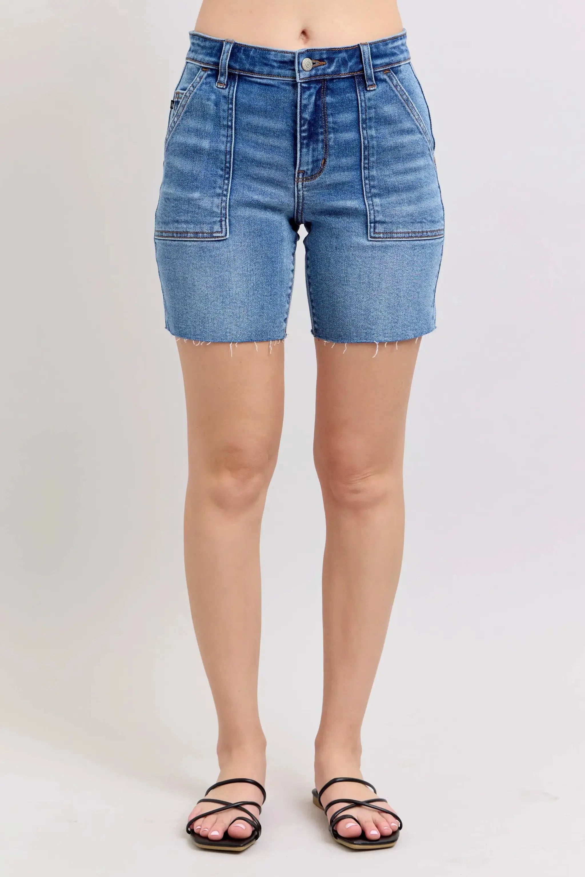Full Size Mid Rise Bermudas Denim Shorts W/ Back Flap Pockets Plus | Judy Blue by Trendsi