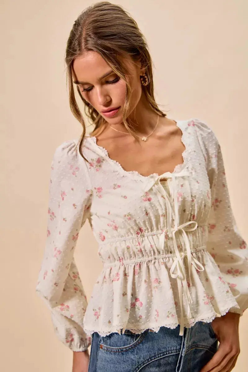 SO ME Floral Clip Dot Lace Trim Ruched Bodice Blouse by Trendsi