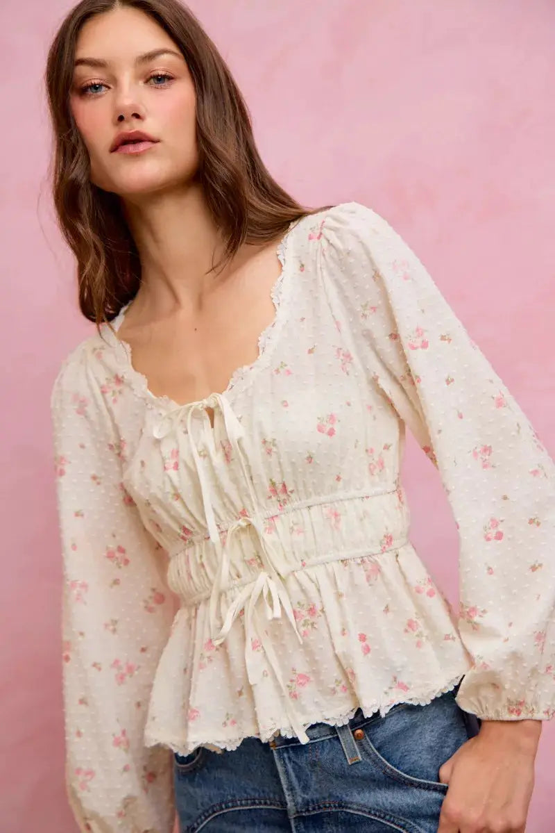 SO ME Floral Clip Dot Lace Trim Ruched Bodice Blouse by Trendsi