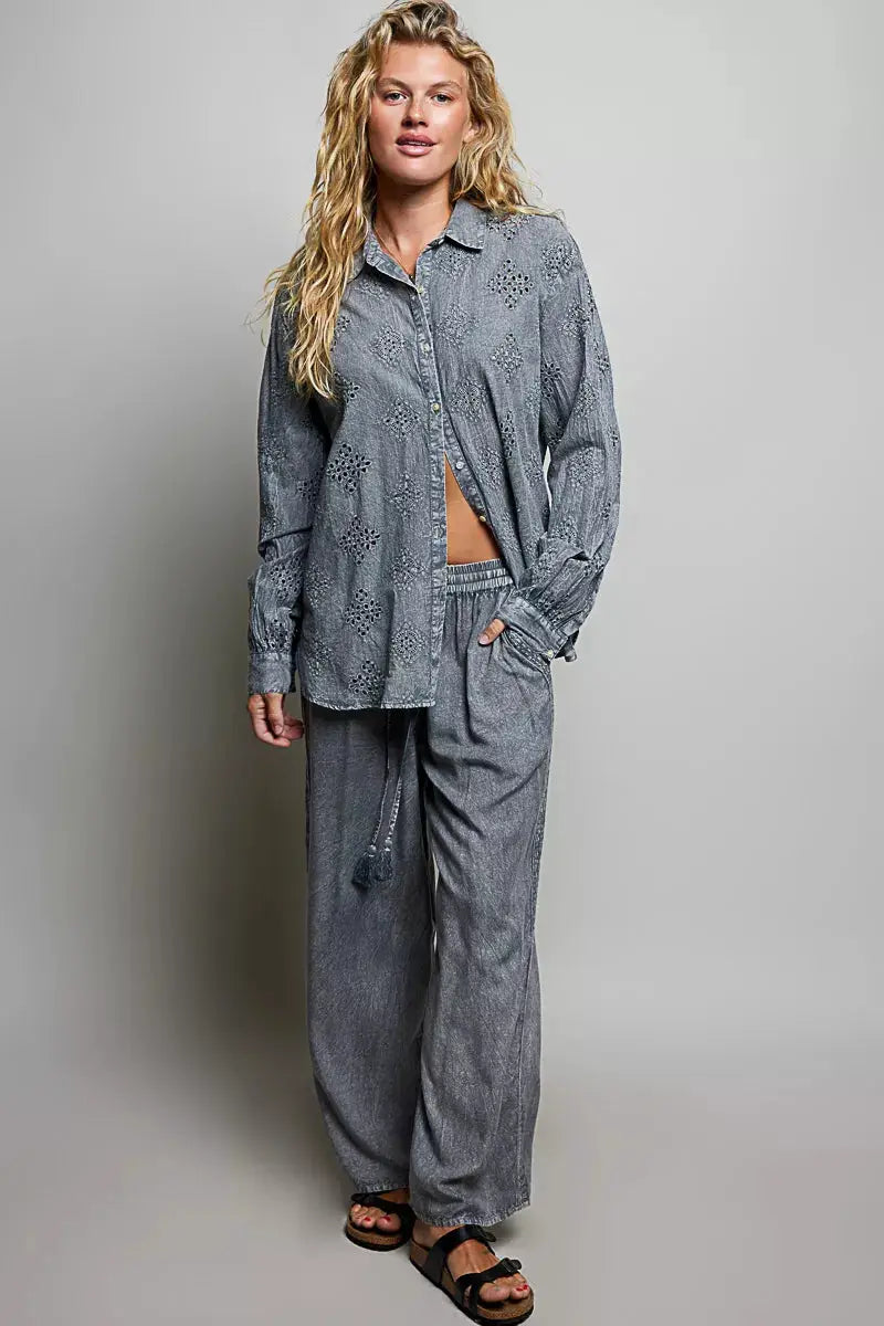 POL Tassel Drawstring Embroidered Wide Leg Woven Pants by Trendsi