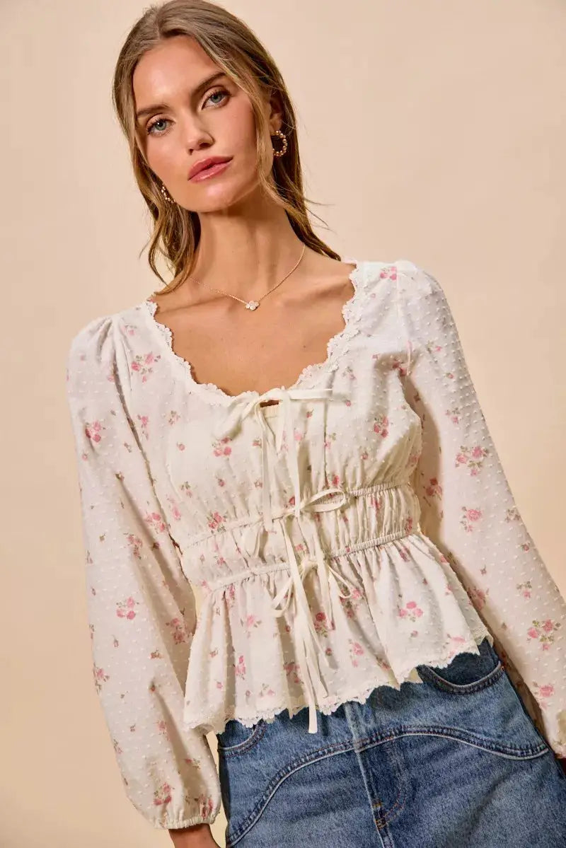 SO ME Floral Clip Dot Lace Trim Ruched Bodice Blouse by Trendsi