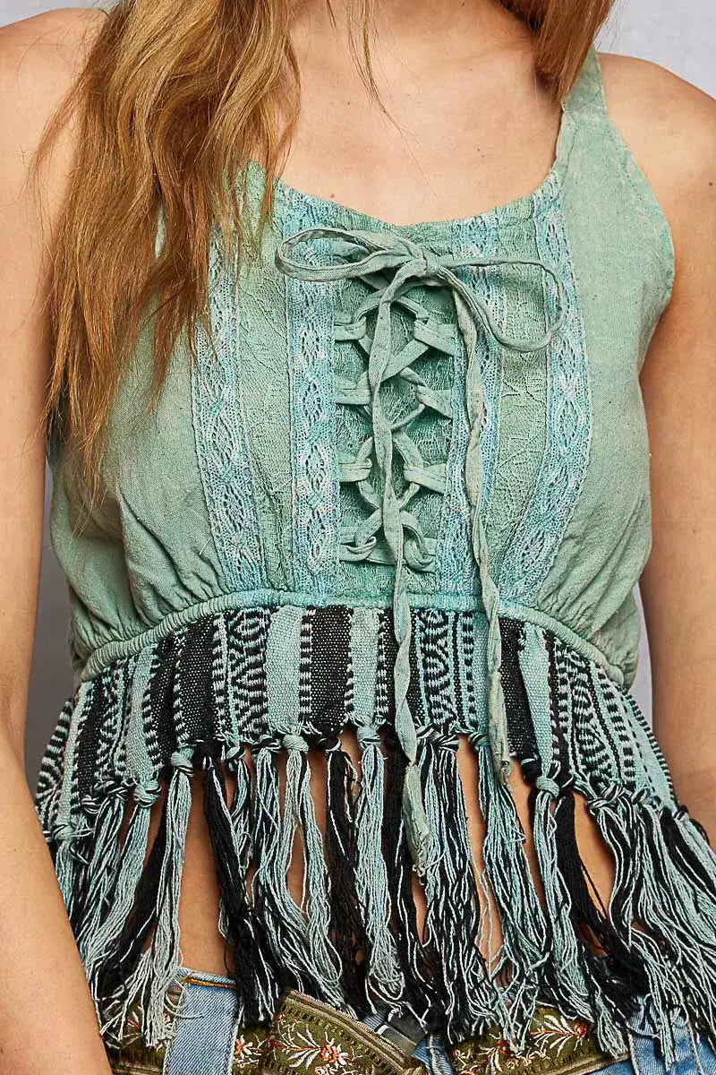 Lace-Up Fringe Hem Tank with Lace Detail | POL by Trendsi