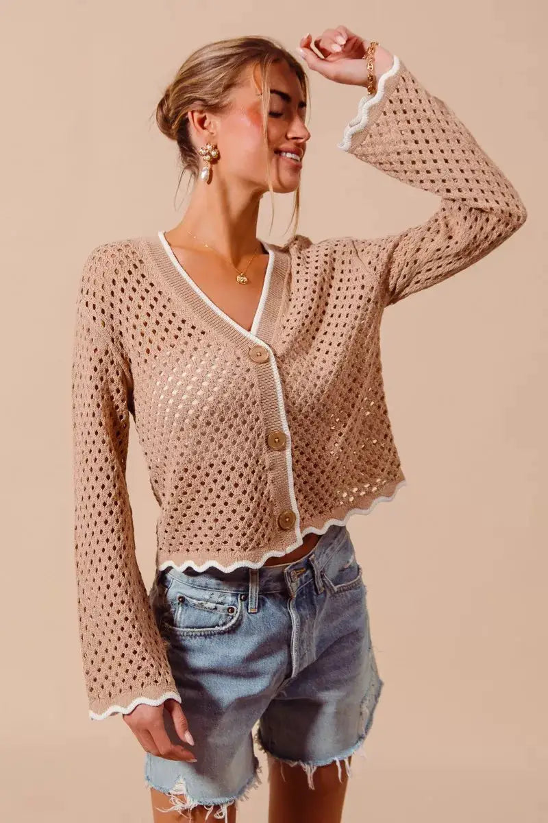 SO ME Open Knit Light Weight Sweater Cardigan With Contrast Wavy Scallop Edge by Trendsi