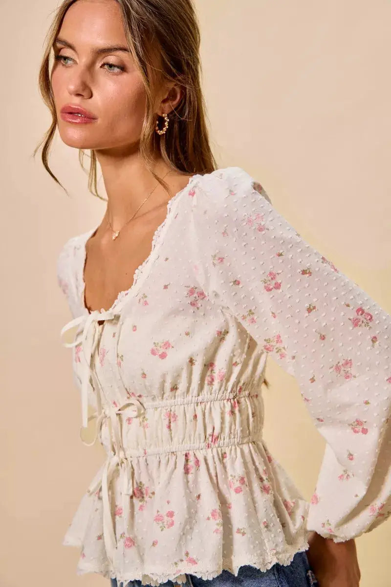 SO ME Floral Clip Dot Lace Trim Ruched Bodice Blouse by Trendsi