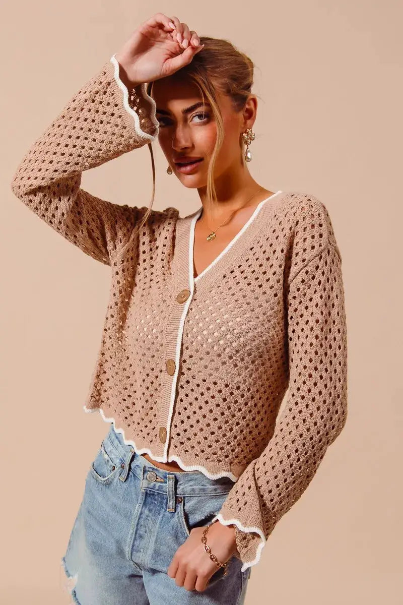 SO ME Open Knit Light Weight Sweater Cardigan With Contrast Wavy Scallop Edge by Trendsi