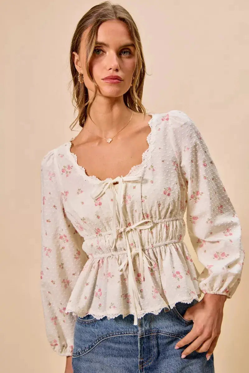 SO ME Floral Clip Dot Lace Trim Ruched Bodice Blouse by Trendsi