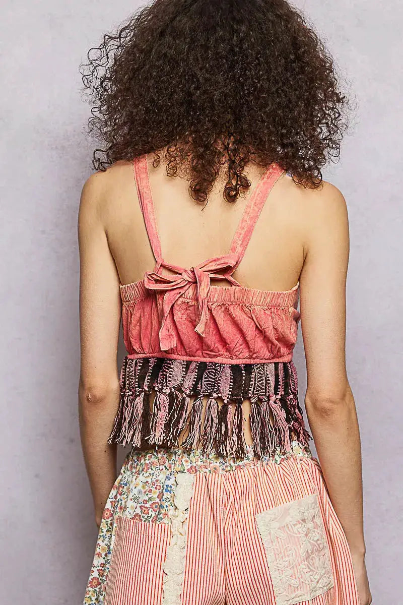 Lace-Up Fringe Hem Tank with Lace Detail | POL by Trendsi