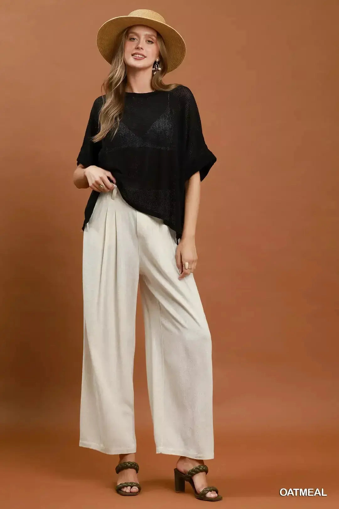 Umgee High Waist Linen Blend Wide Leg Trousers by Trendsi