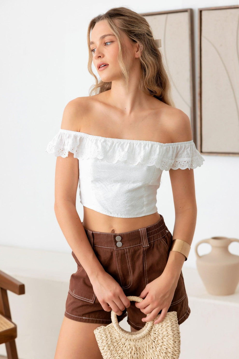 Romantic Ruffle Lace Trim Off-Shoulder Crop Top